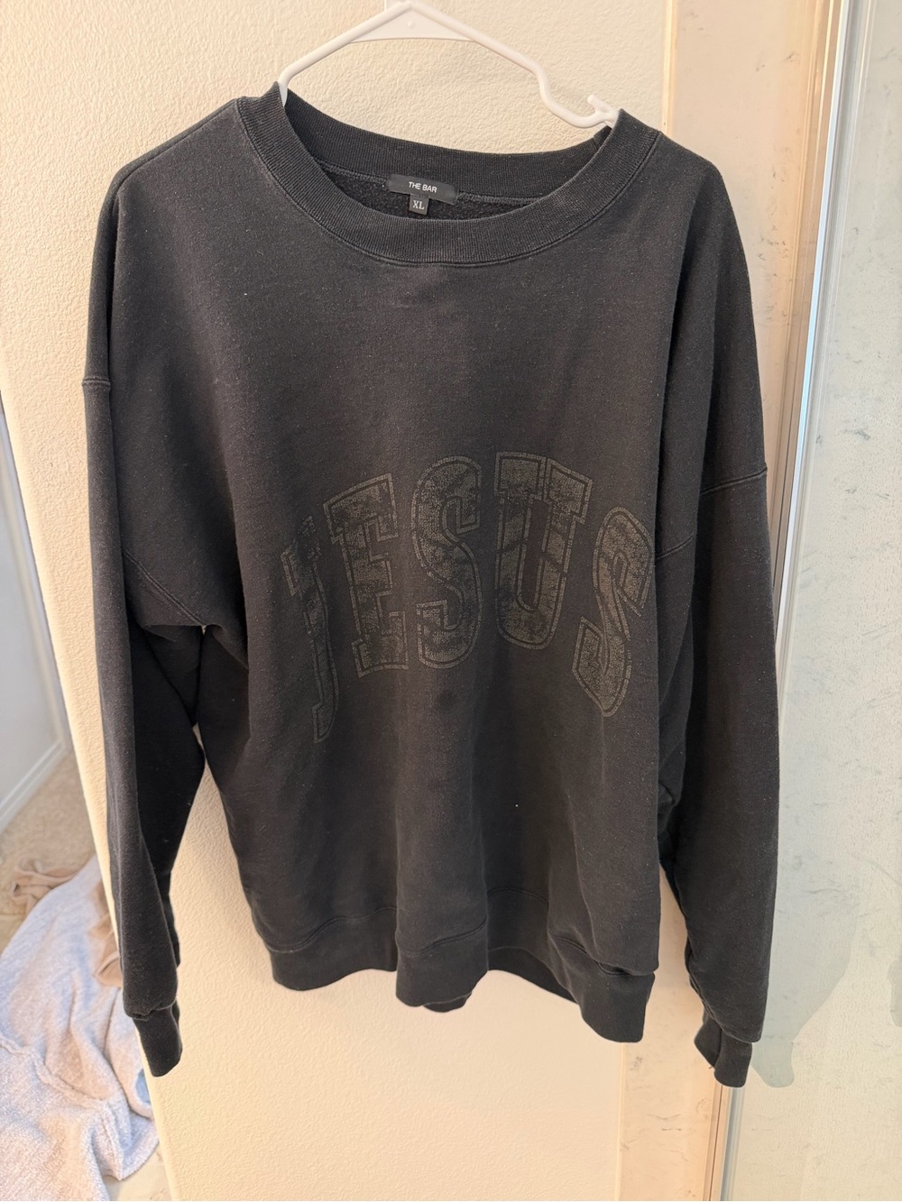 The Bar Black Crewneck Sweater with Tonal 'JESUS' Graphic
